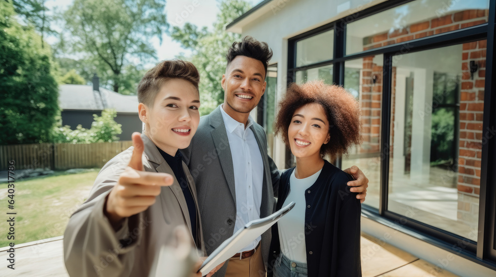 Property market concept, Smiling real estate broker pointing with hand while showing new dwelling to