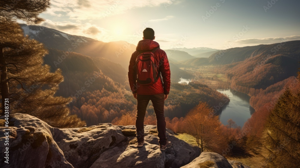 In this picturesque scene, a lone hiker clad in a bright red jacket stands on a rocky outcrop, gazin