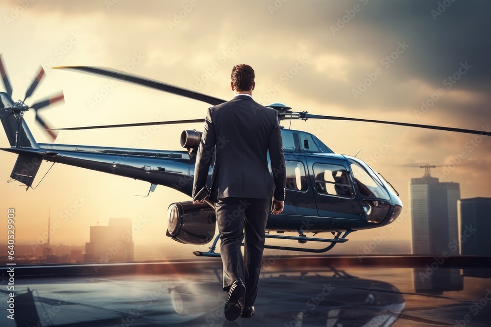 Businessman in suit running in front of a helicopter at sunset. Businessman rear view private helico