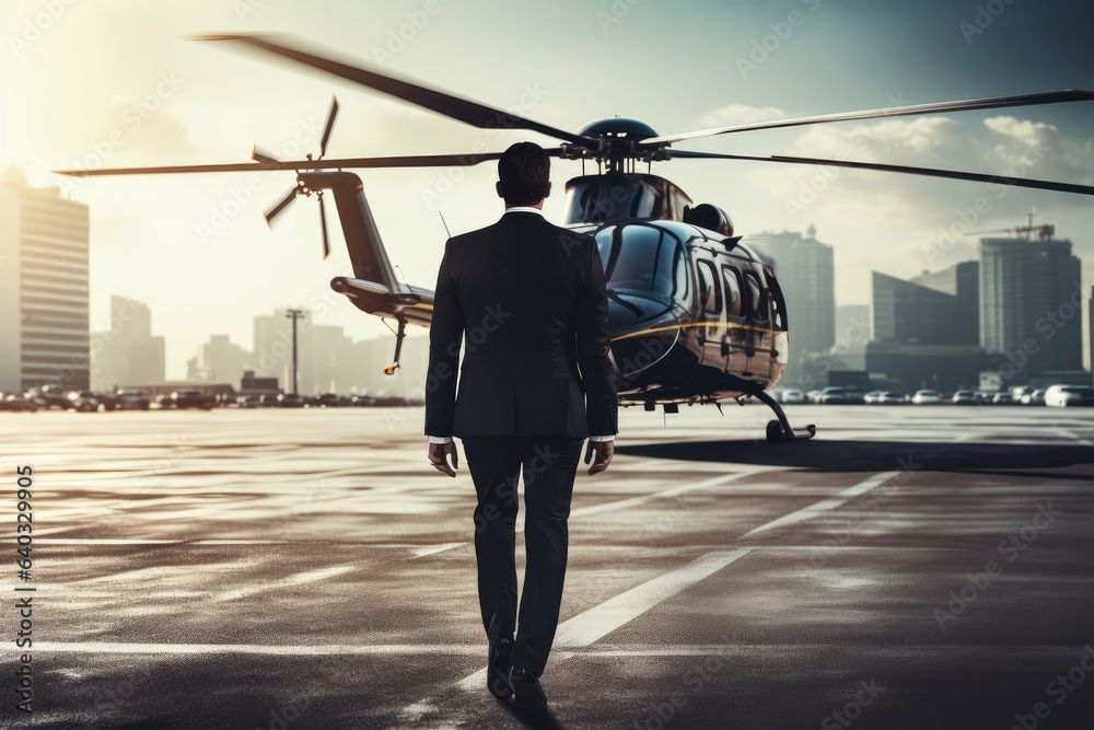 Businessman in suit walking with a helicopter on the background of the city, Businessman rear view p