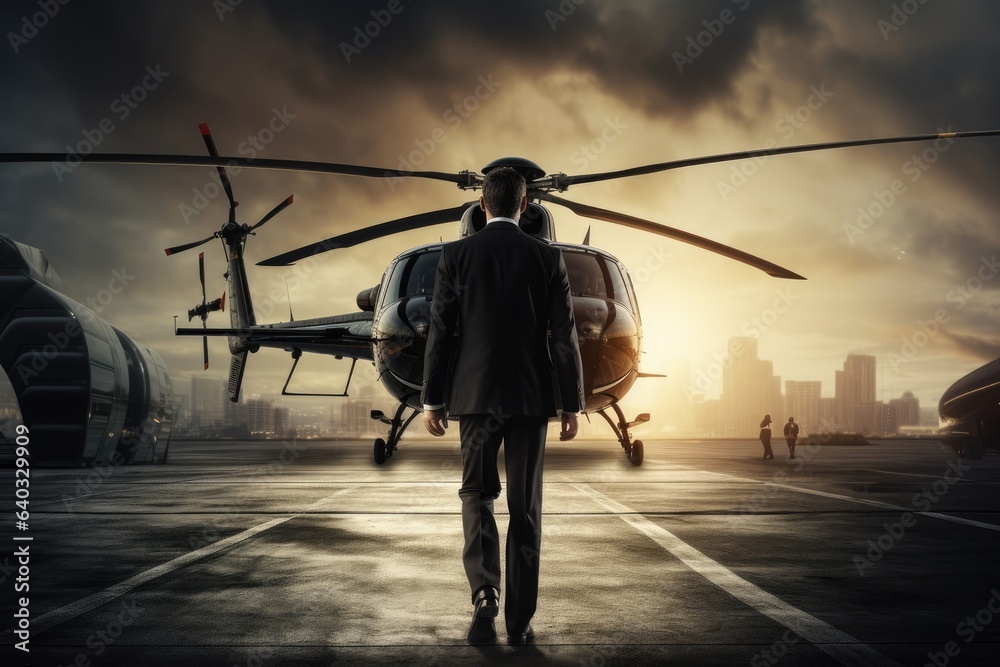 Businessman in front of a helicopter at the airport. Mixed media, Businessman rear view private heli