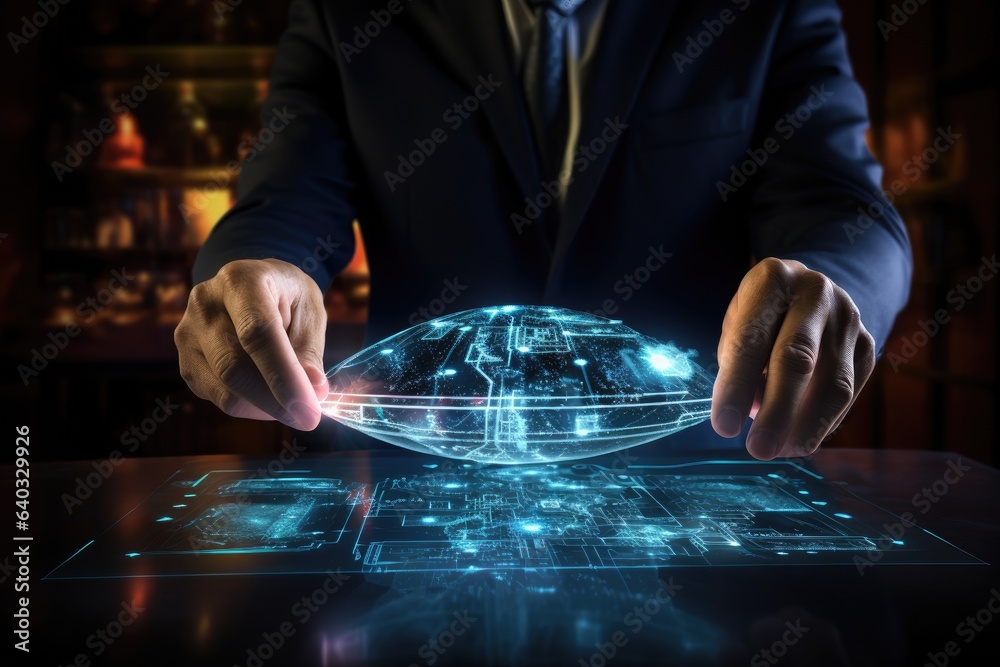 Businessman working on virtual screen with global connection concept. Mixed media, Businessman using