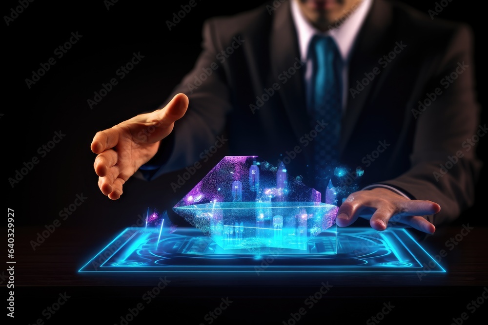 Close up of businessman hand touching tablet with hologram screen on dark background, Businessman us