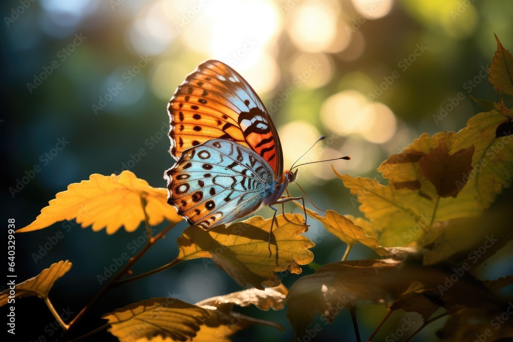 Butterfly on the leaf in the forest. Shallow depth of field, Butterfly on a leaf in the morning ligh