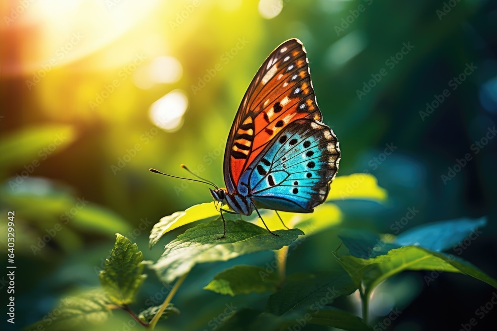 Butterfly on green leaf. Beautiful butterfly on the flower. Butterfly on a leaf in the morning light