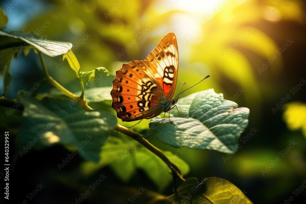 Butterfly on green leaf with sunlight in the morning. Nature background, Butterfly on a leaf in the 