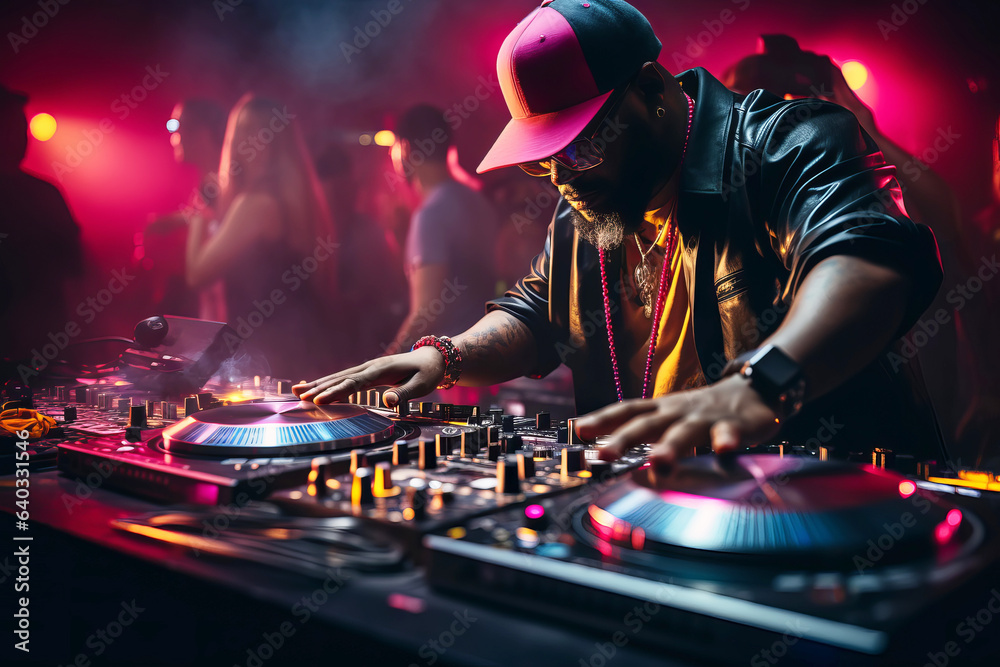 DJ working spinning turntable records at night club party. 