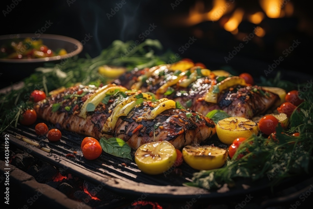 Appetizing grilled fish with grilled vegetables