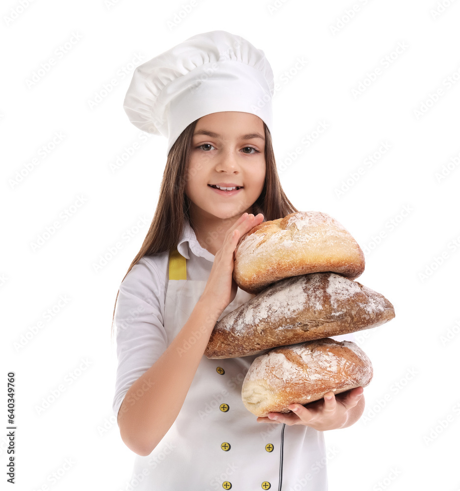 Little baker with loaves of fresh bread on white background