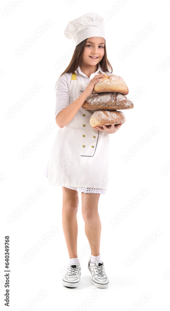 Little baker with loaves of fresh bread on white background