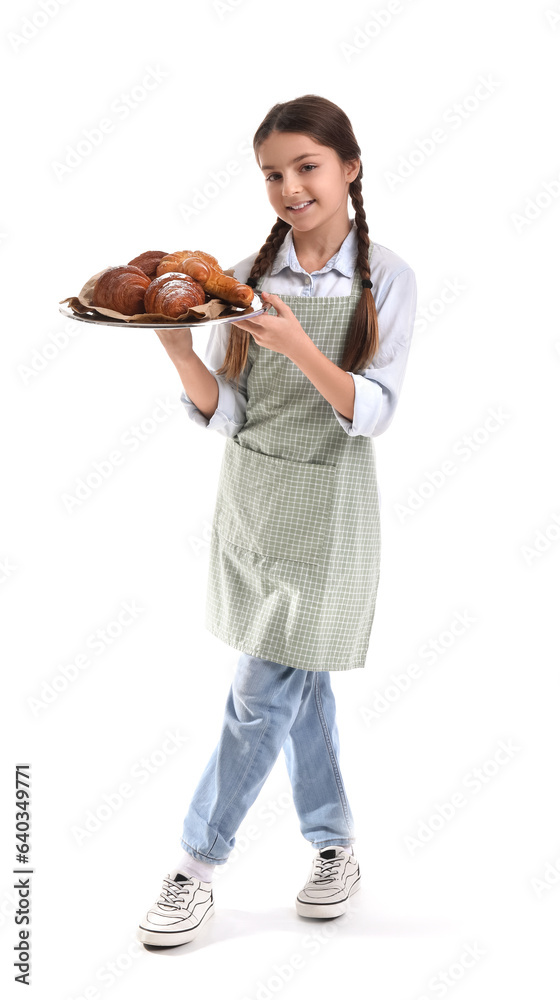 Little baker with tray of tasty croissants on white background