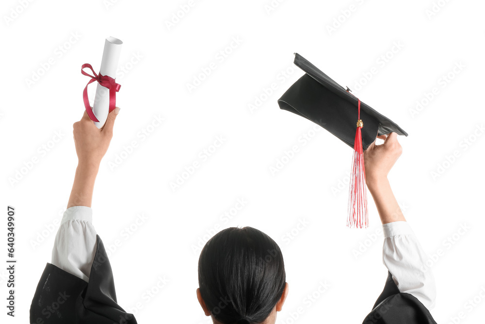 Woman with graduation hat and diploma on white background