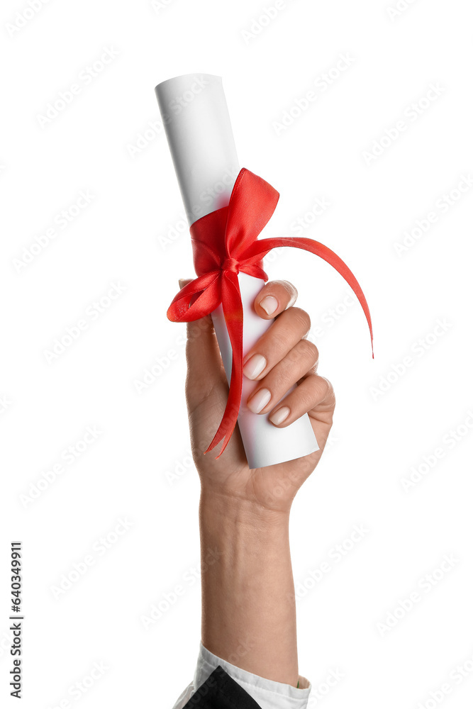 Woman holding diploma with ribbon on white background