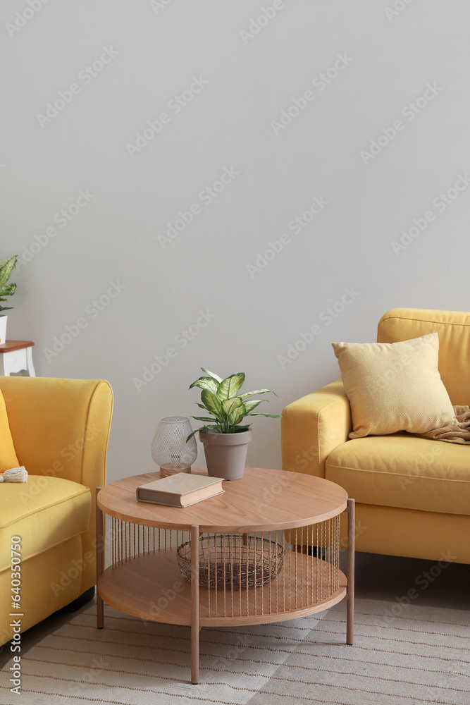 Coffee table with houseplant, lamp and book in stylish living room