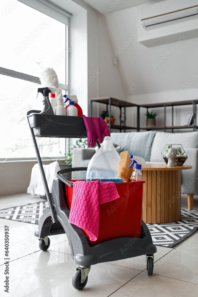 Trolley with cleaning supplies in interior of living room