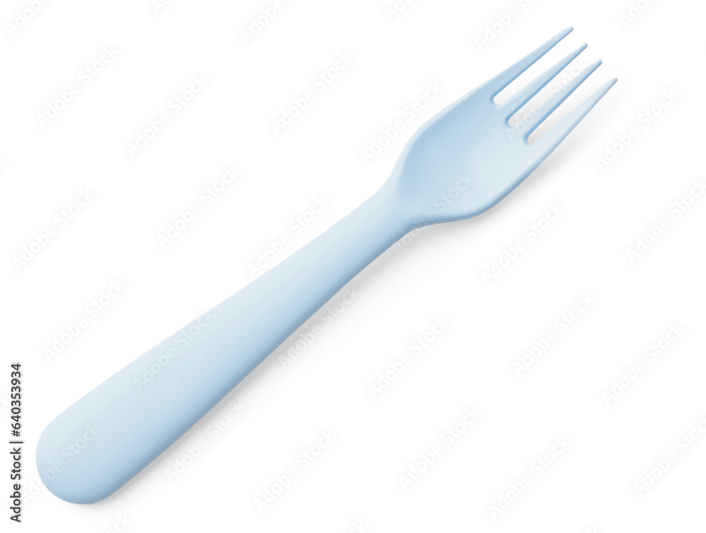 Plastic fork for baby on white background