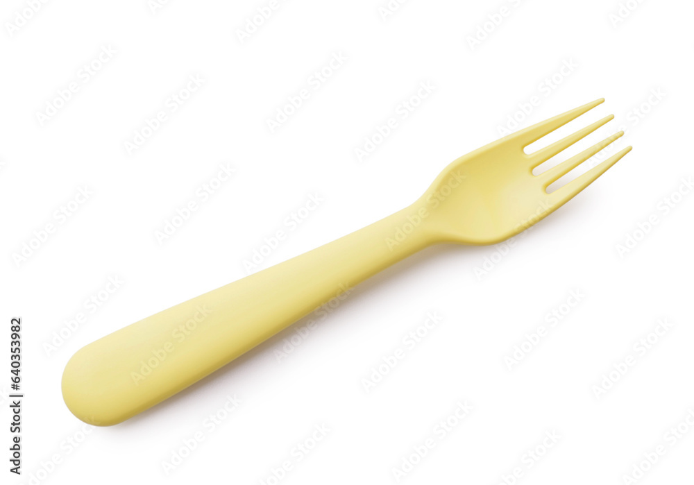 Plastic fork for baby on white background