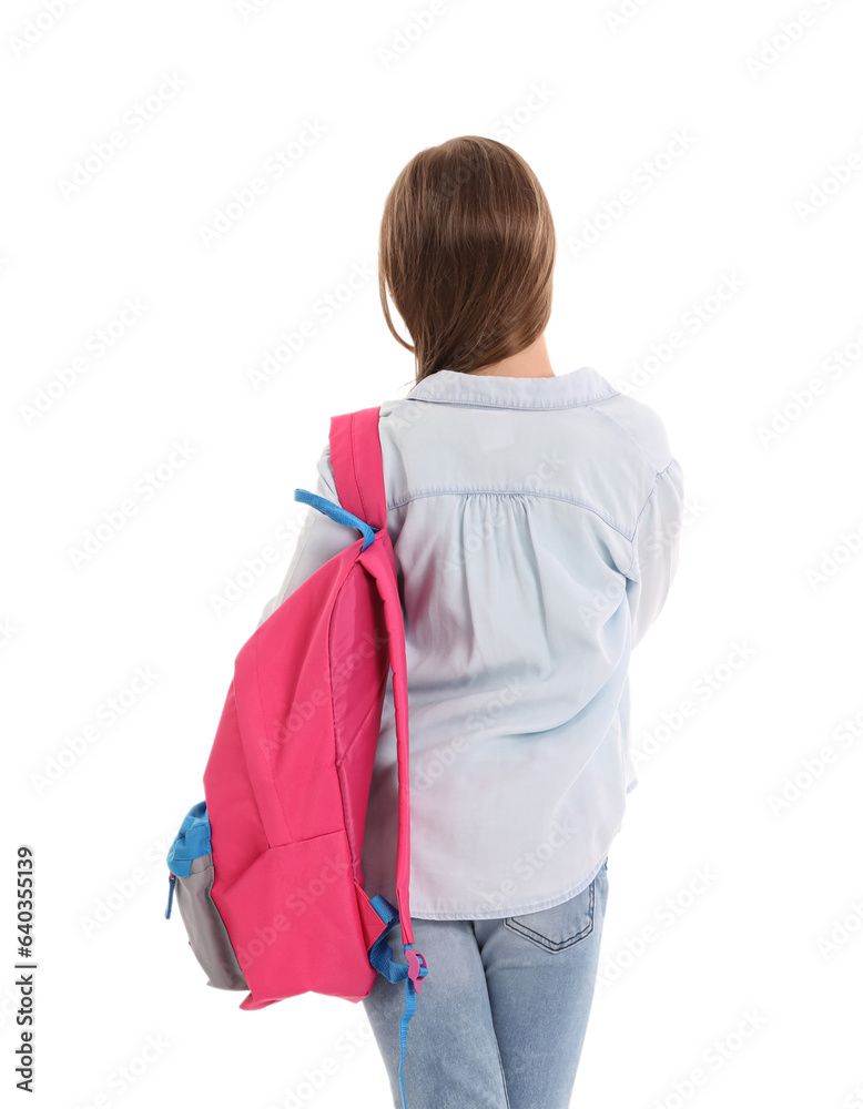 Little girl with schoolbag on white background, back view