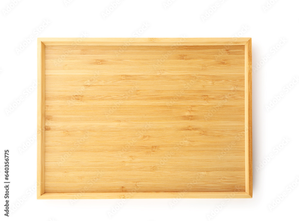 Empty wooden tray isolated on white background