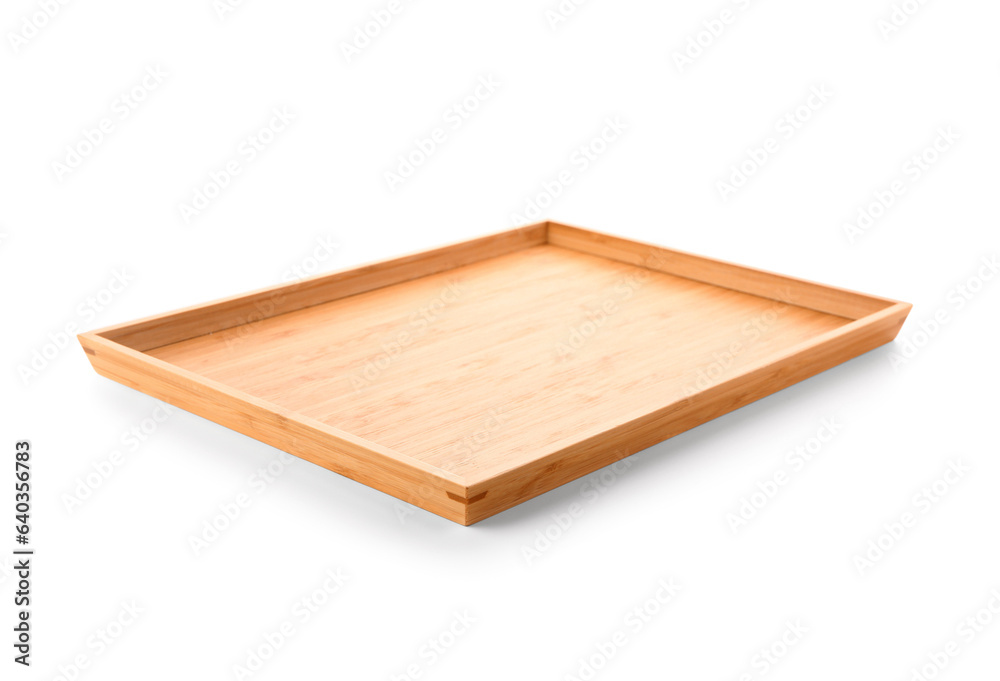 Empty wooden tray isolated on white background