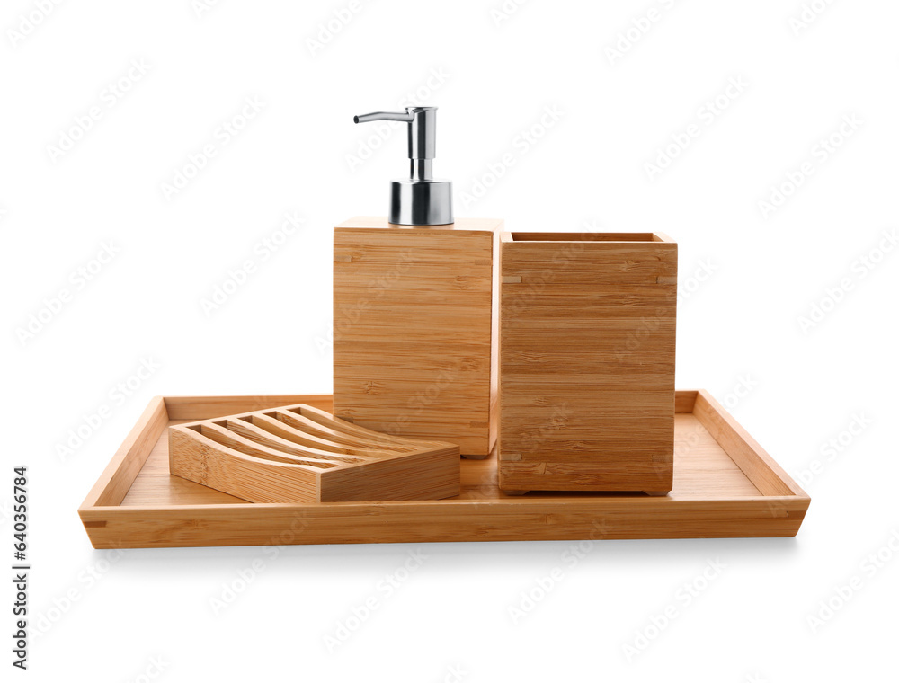 Set of stylish bath accessories on white background