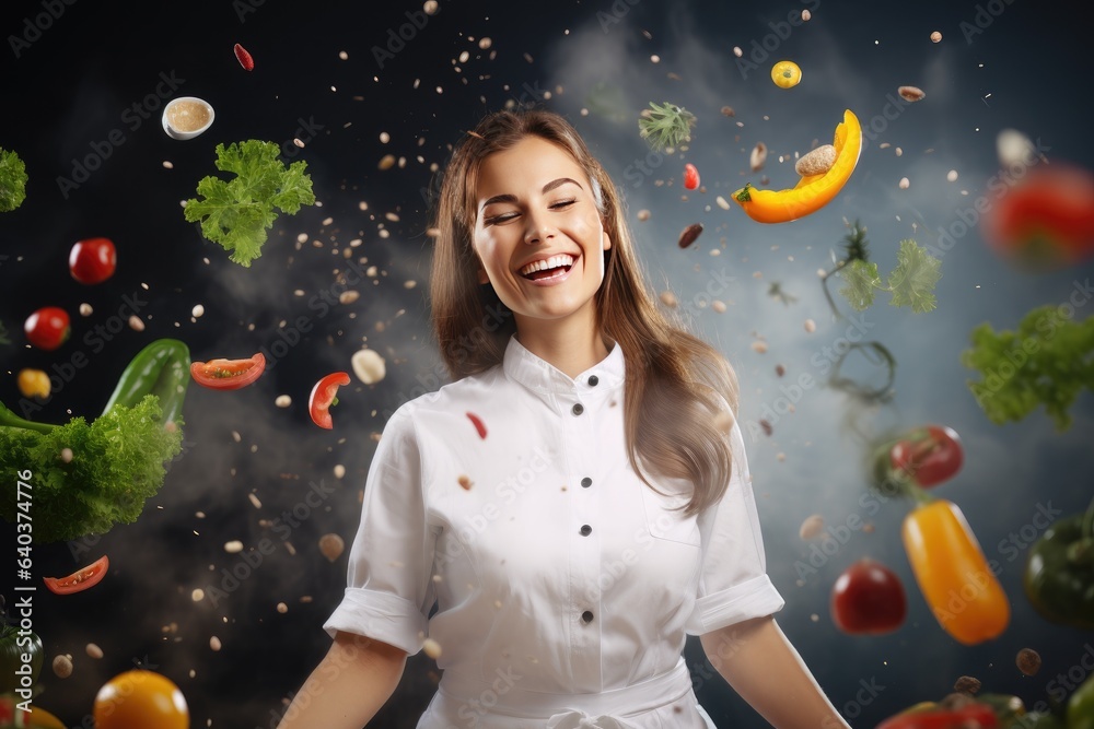 Beautiful positive girl prepares a delicious, healthy dish