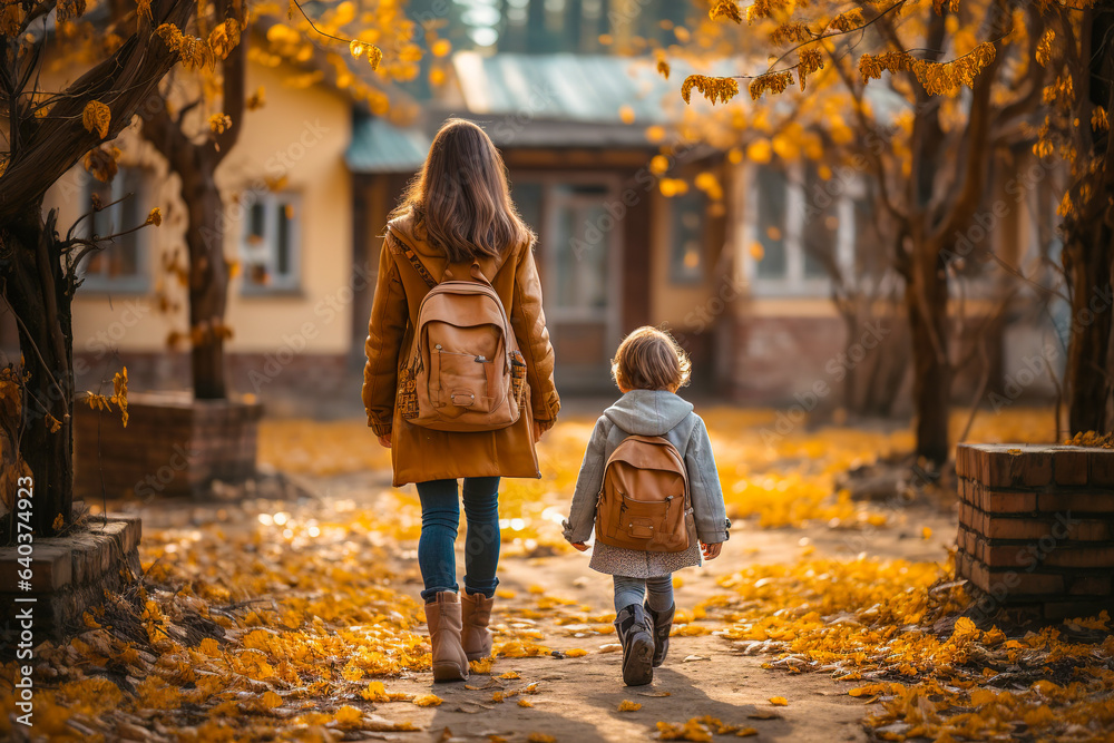 Mom takes the child to school.