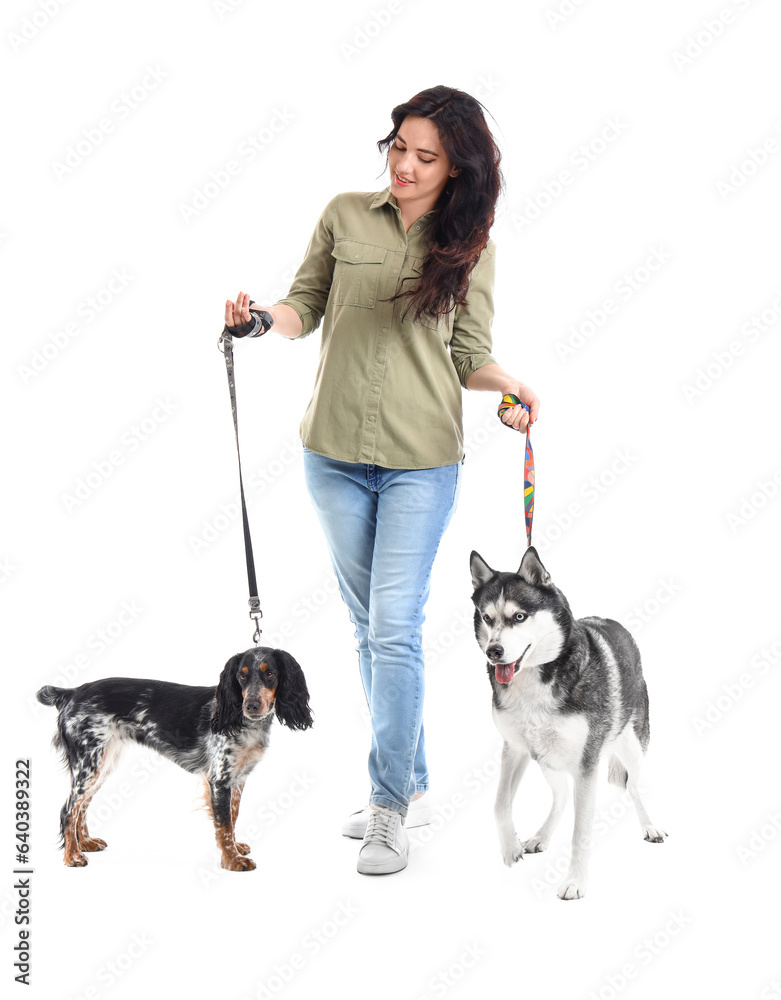 Young woman with cute dogs walking on white background