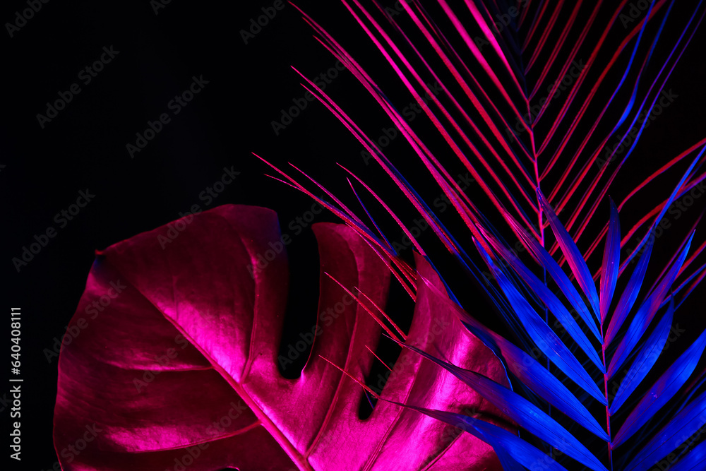 Different neon tropical leaves on black background