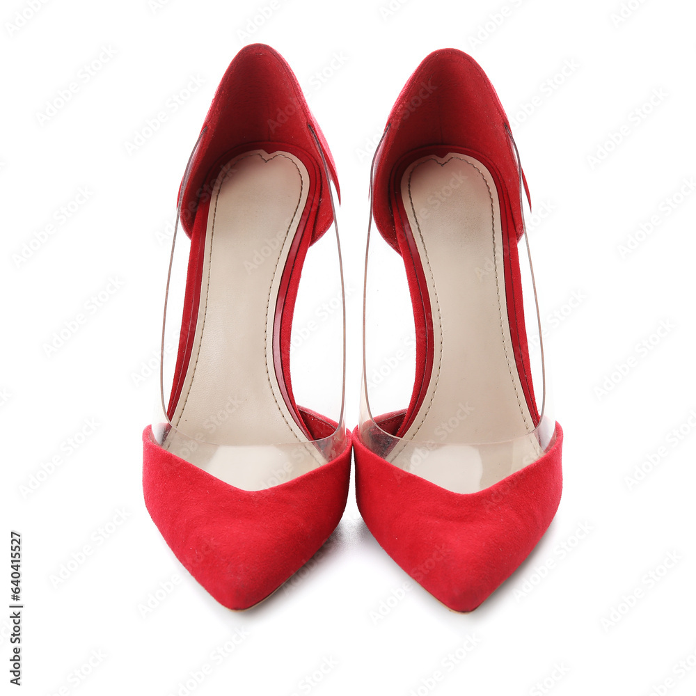 Stylish red high heels on white background