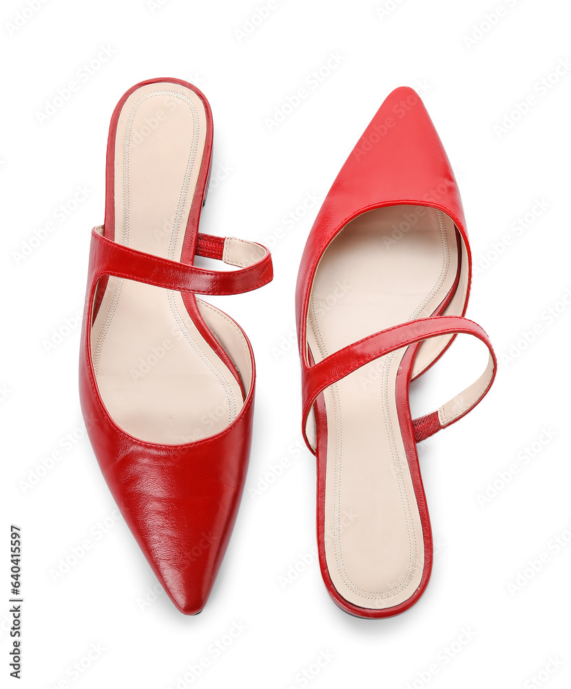 Stylish red shoes on white background