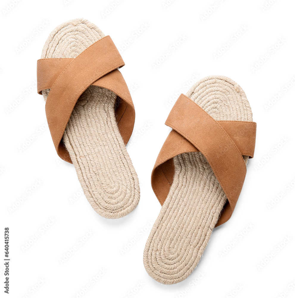 Stylish brown sandals on white background