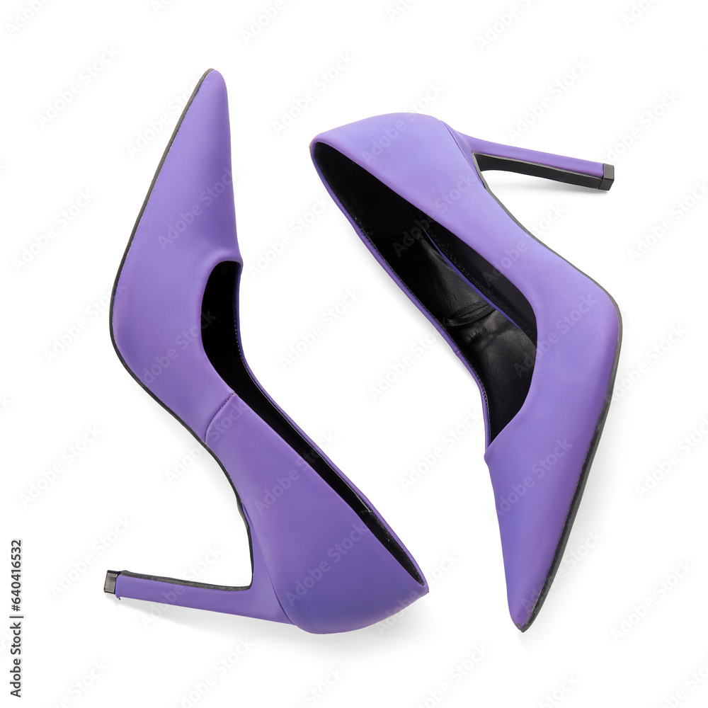 Stylish purple high heels on white background