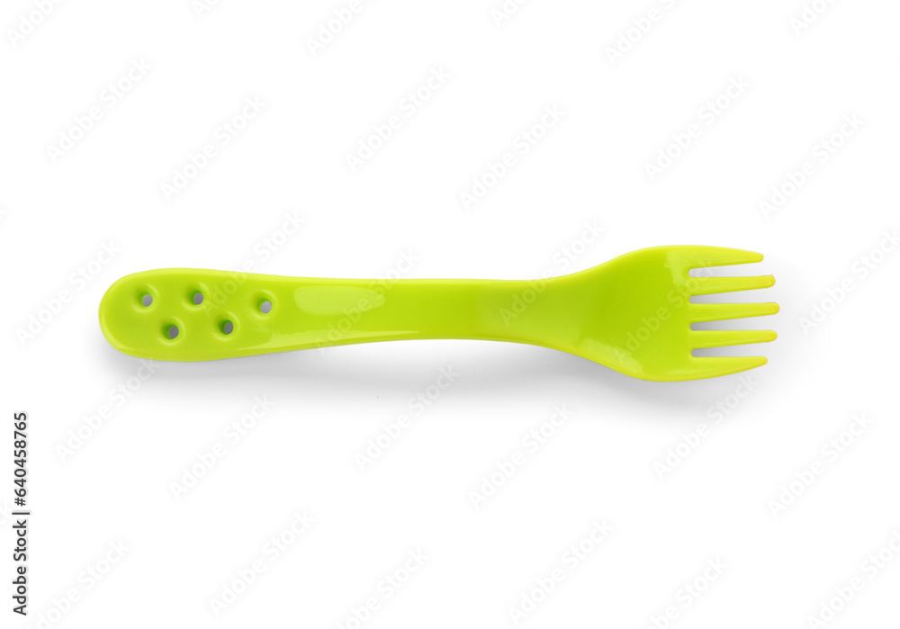 Green plastic fork for baby isolated on white background