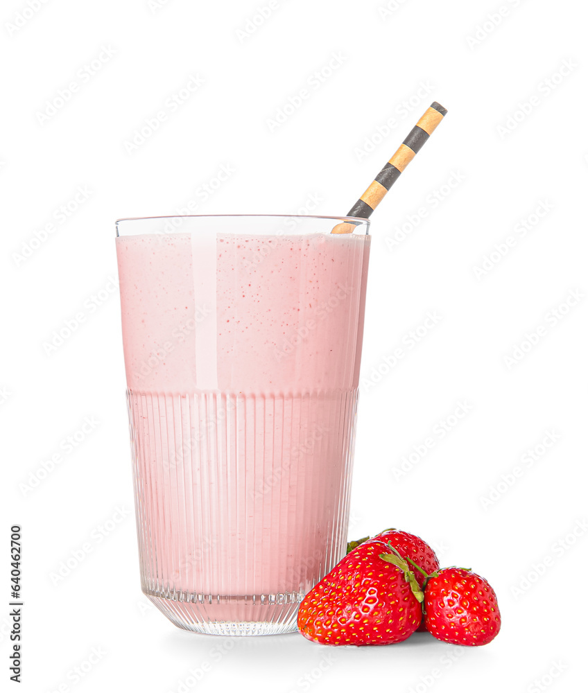 Glass of tasty strawberry smoothie isolated on white background