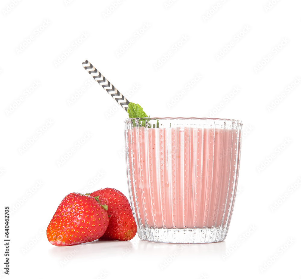 Glass of tasty strawberry smoothie isolated on white background