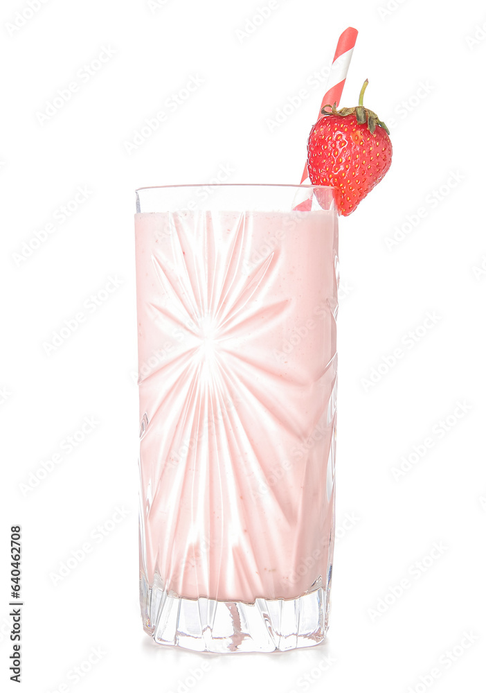 Glass of tasty strawberry smoothie isolated on white background