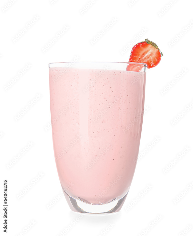 Glass of tasty strawberry smoothie isolated on white background