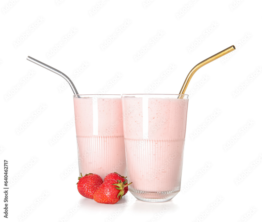 Glasses of tasty strawberry smoothie isolated on white background