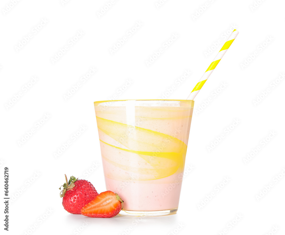 Glass of tasty strawberry smoothie isolated on white background