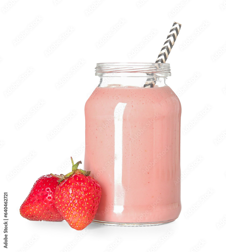 Mason jar of tasty strawberry smoothie isolated on white background