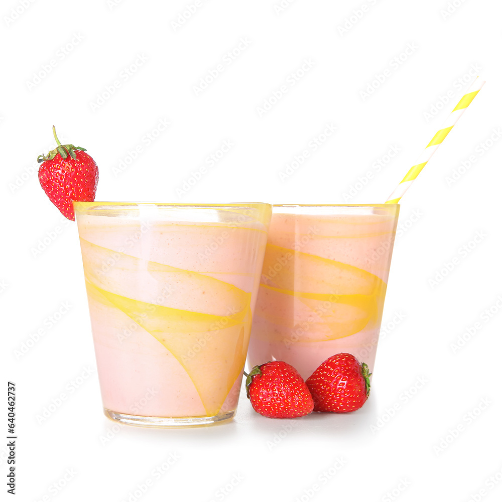 Glasses of tasty strawberry smoothie isolated on white background