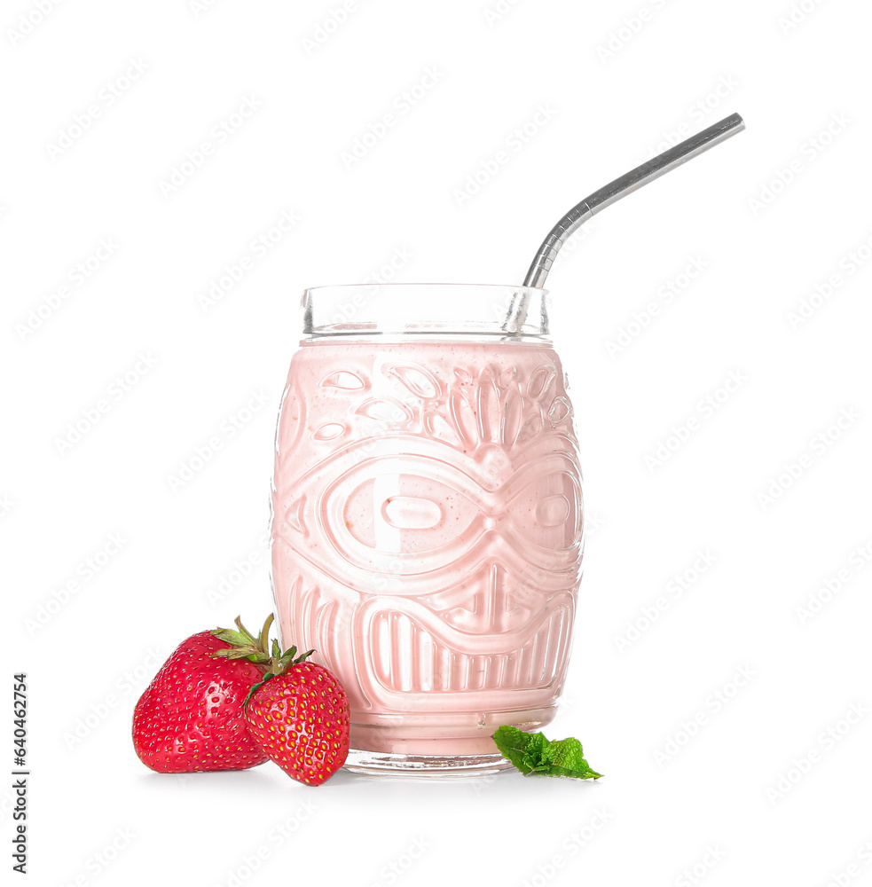 Glass of tasty strawberry smoothie isolated on white background