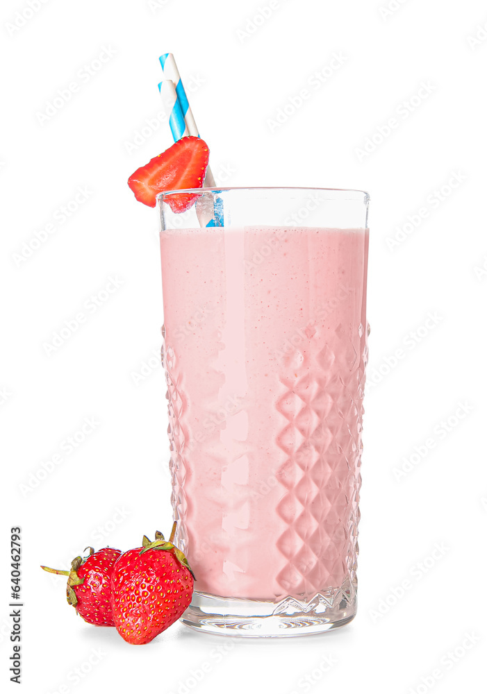 Glass of tasty strawberry smoothie isolated on white background