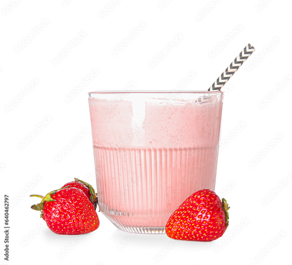 Glass of tasty strawberry smoothie isolated on white background