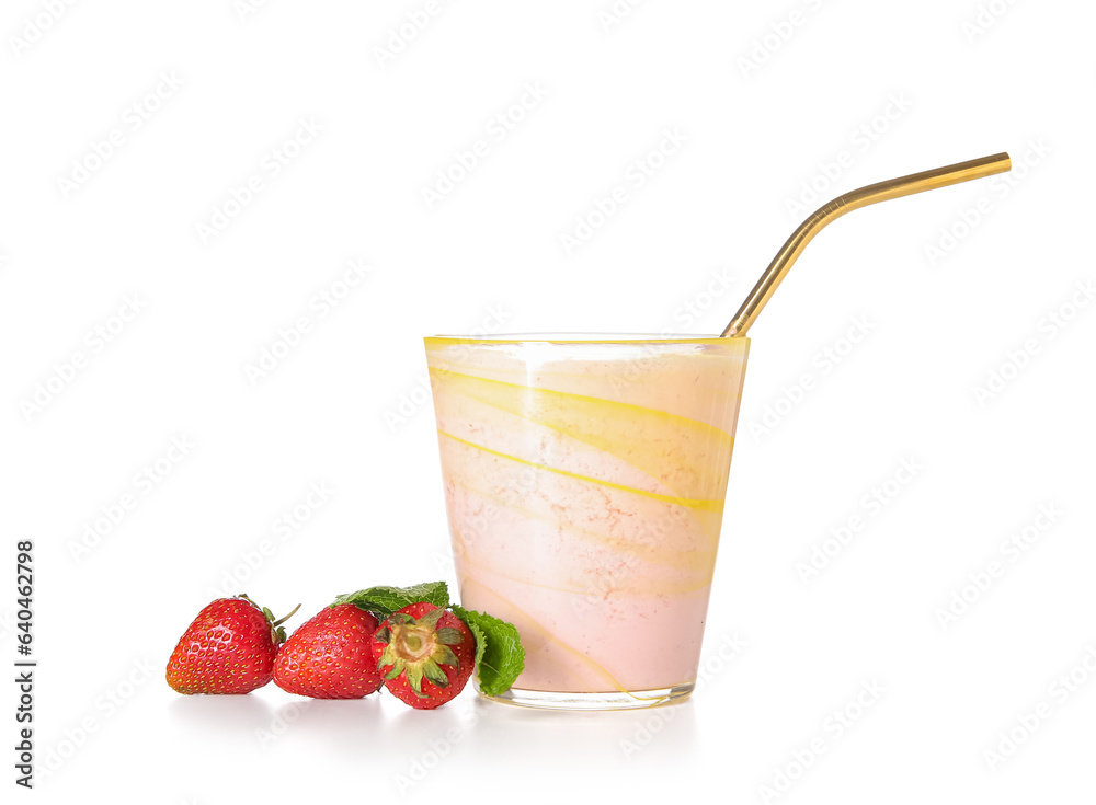 Glass of tasty strawberry smoothie isolated on white background