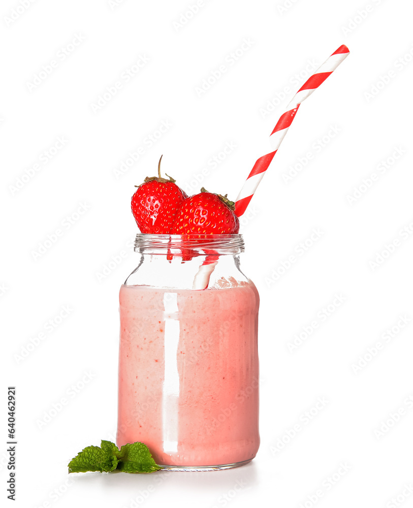 Mason jar of tasty strawberry smoothie isolated on white background