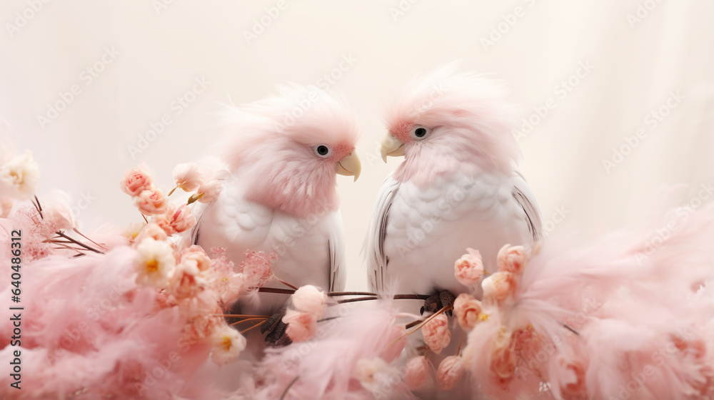 Exotic bird couple with flowers on pink