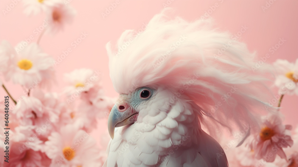 Exotic bird with flowers on pink