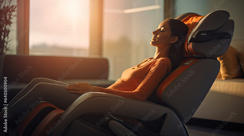 A woman relaxing on the massage chair in the living room. electric massage chair. Generative Ai